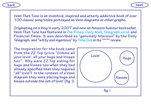 Venn That Tune is an inventive, inspired and utterly addictive book of over 100 classic song titles portrayed as Venn diagrams or other graphs